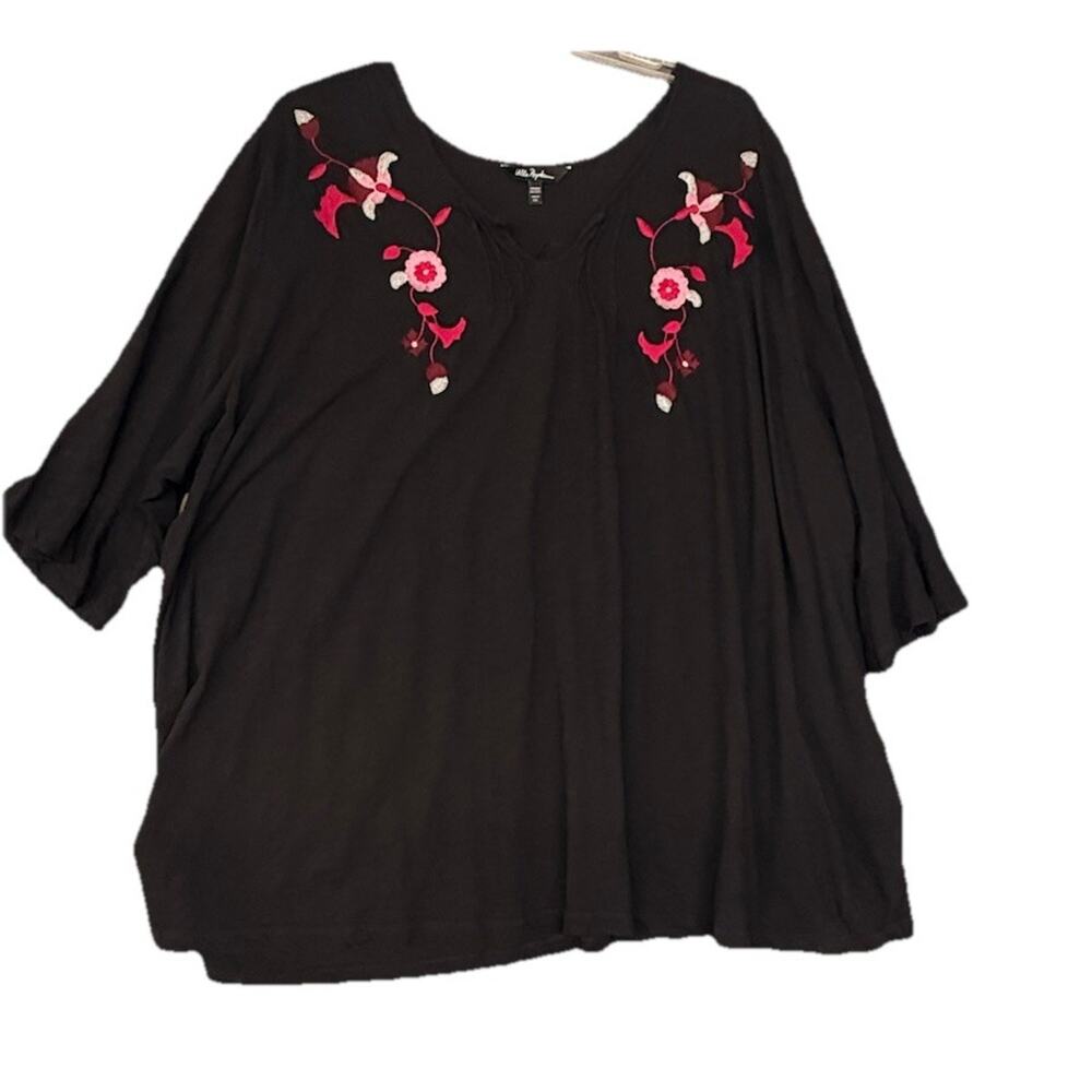 Ulla Popken Tunic Shirt Womens 32/34 Black Embroidered Relaxed Fit